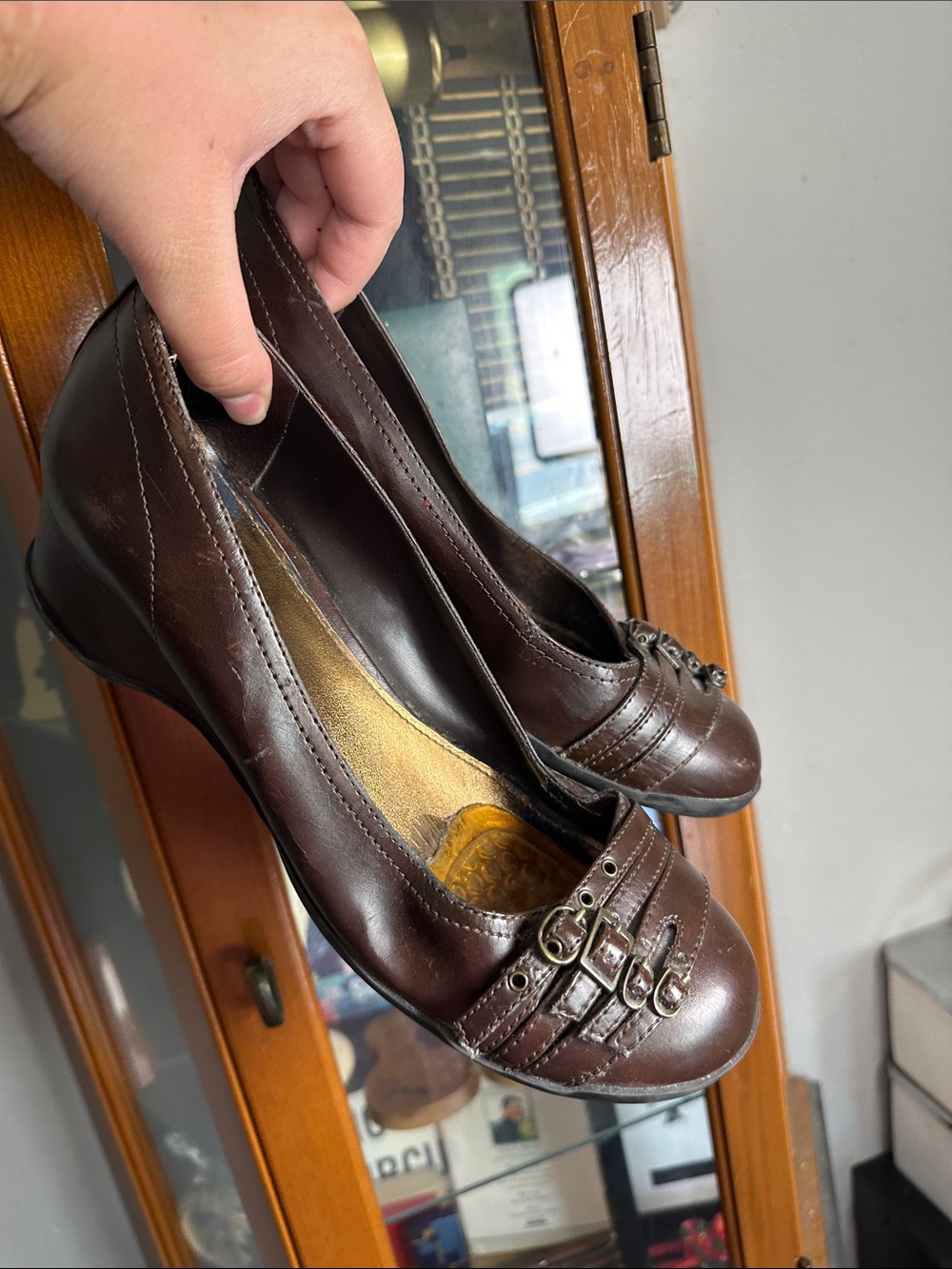 Unlisted Brown Leather Buckle Pump Heels